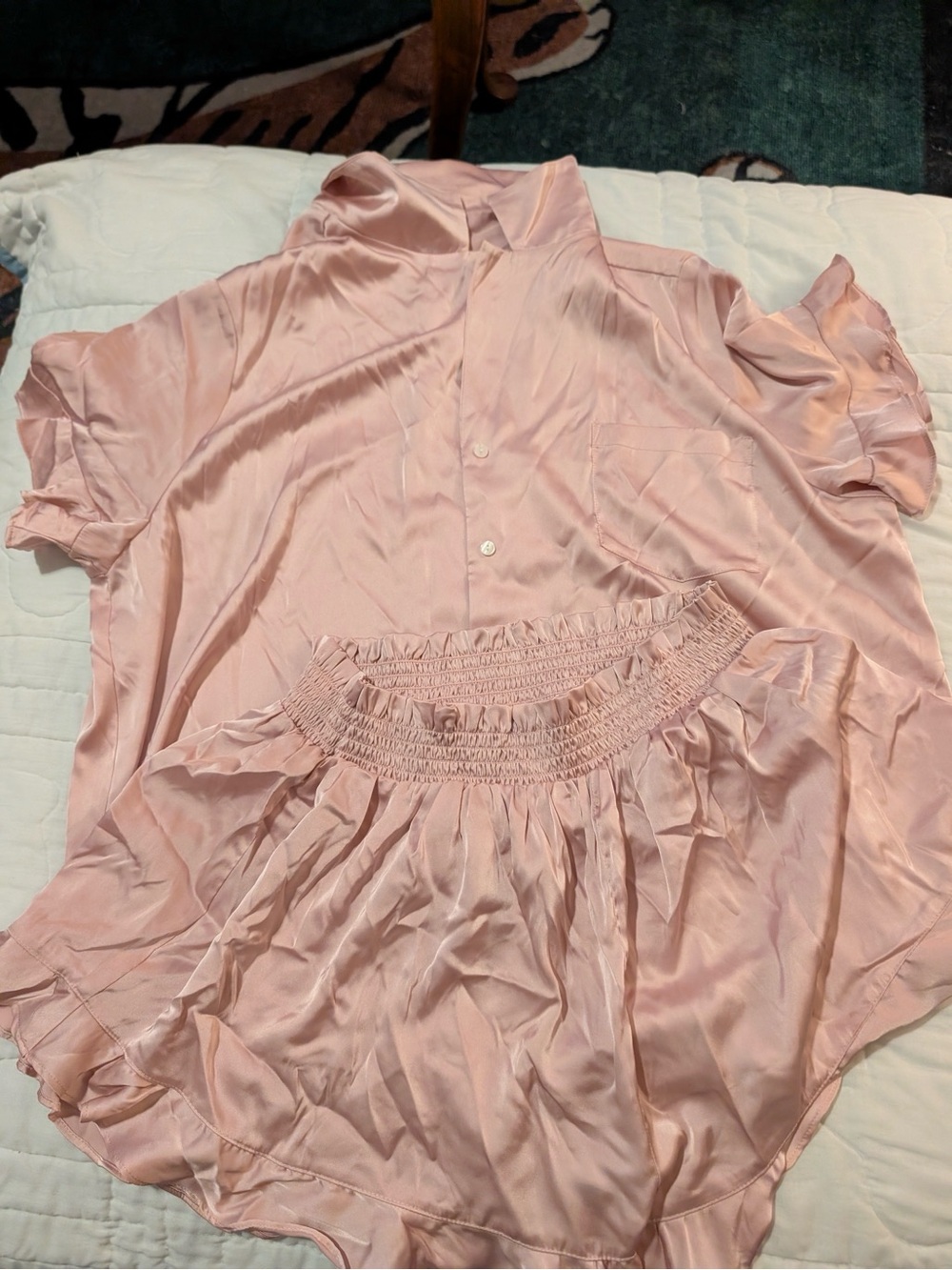 Satin Short Sleeve Button-Up Top and Skirt Set - Blush Pink